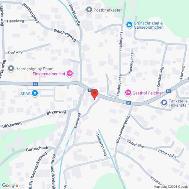 Lehrlingsportal.at Eine Karte, die einen Standort an der Kreuzung von Fliederweg und B5 in Finkenstein, Österreich, hervorhebt, mit Beschriftung der nahe gelegenen Geschäfte und Straßennamen.