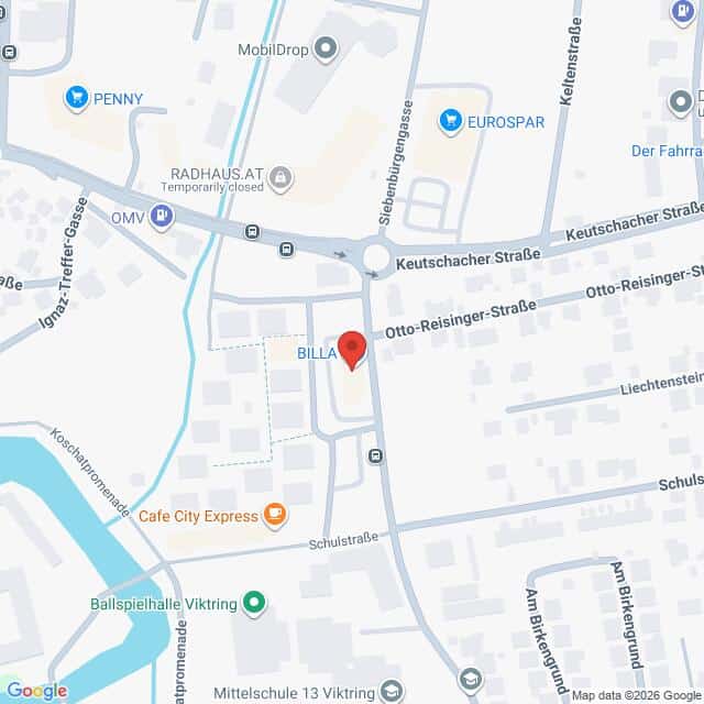 Lehrlingsportal.at Die Kartenansicht zeigt die Gegend um die Otto-Reisinger-Straße und die Keutschacher Straße, in der Locations wie BILLA, Cafe City Express und Ballspielhalle Viktring markiert sind.