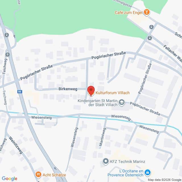 Lehrlingsportal.at Karte mit der Lage des Kulturforums Villach in Villach, Österreich, in der Nähe der Pogöriacher Straße und des Wiesensteigs, mit Beschriftung der umliegenden Sehenswürdigkeiten und Straßen.