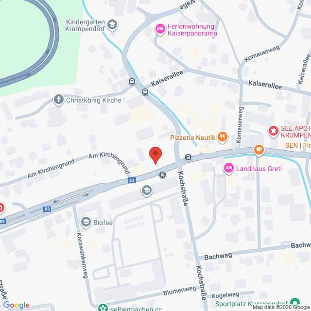 Lehrlingsportal.at Karte mit einem Ausschnitt von Krumpendorf, Österreich, auf der verschiedene Geschäfte, Straßen und Sehenswürdigkeiten eingezeichnet sind, darunter die Pizzeria Nautik und das Landhaus Gretl.