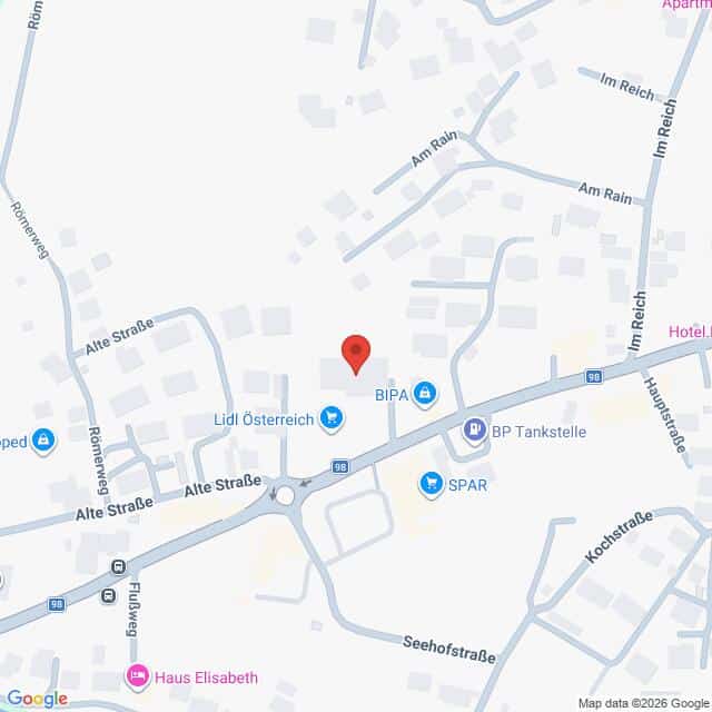 Lehrlingsportal.at Eine Karte, die einen Stadtausschnitt mit beschrifteten Straßen, Geschäften wie Lidl, BIPA, SPAR und einer BP-Tankstelle sowie einer Stecknadel in der Kartenmitte zeigt.