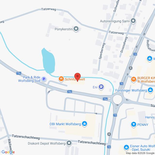 Lehrlingsportal.at Eine Karte der Umgebung von Wolfsberg Süd mit Straßen, Betrieben und einem Kreisverkehr an der Kreuzung Forstinger und Tatzerweg.