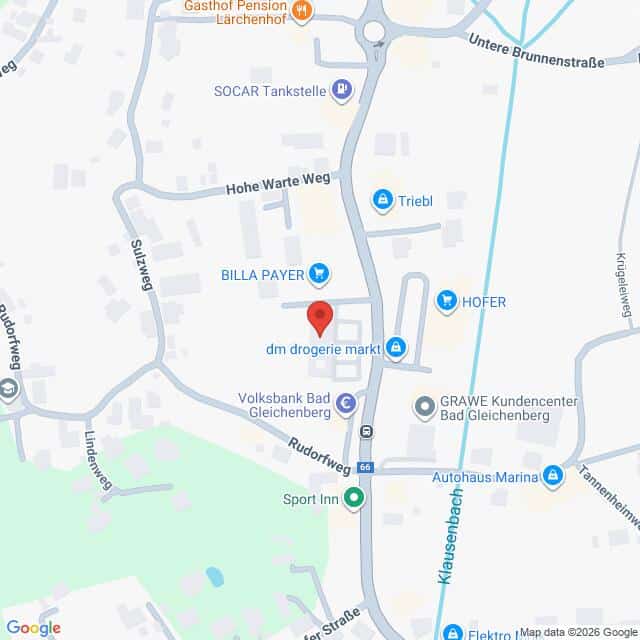 Lehrlingsportal.at Eine Straßenkarte von Bad Gleichenberg, Österreich, die Orte wie dm drogerie markt, BILLA PAYER, HOFER und nahe gelegene Straßen hervorhebt.