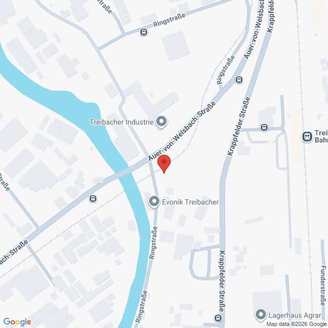 Lehrlingsportal.at Eine Karte, die die Kreuzung der Auersperg-Welsbach-Straße mit der Ringstraße in der Nähe der Treibacher Industrie in einem Industriegebiet mit einem Fluss und mehreren beschrifteten Straßen zeigt.