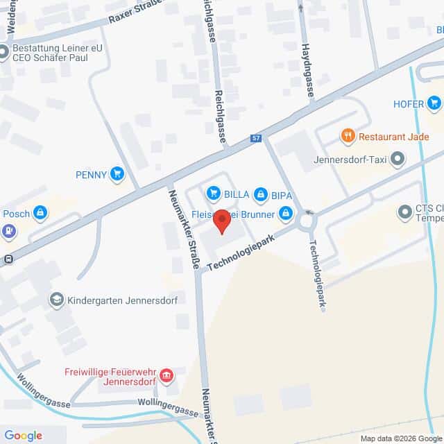 Lehrlingsportal.at Eine Karte, die einen Ausschnitt von Jennersdorf, Österreich, zeigt, mit Hervorhebung der Neunkirchner Straße, des Technolgieparks und nahegelegener Unternehmen und Sehenswürdigkeiten.