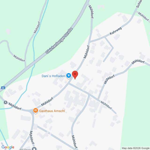 Lehrlingsportal.at Karte mit einem Standort in Mühldorf, Österreich, in der Nähe von Dani's Hofladen und dem Gasthaus Amschl, wobei Straßen und Gebäude in der Nähe sichtbar sind.