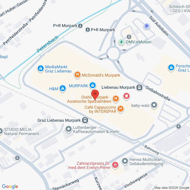 Lehrlingsportal.at Karte mit der Anordnung und Lage der Geschäfte, Restaurants und Dienstleistungen im und um das Einkaufszentrum Murpark in Graz, Österreich.