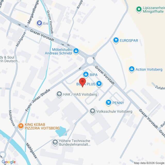 Lehrlingsportal.at Karte mit einem Ausschnitt von Voitsberg, Österreich, auf der verschiedene Unternehmen und Wahrzeichen eingezeichnet sind, darunter KING KEBAB, BIPA und PENNY. Eine rote Markierung befindet sich in der Mitte von BIPA PLUS.