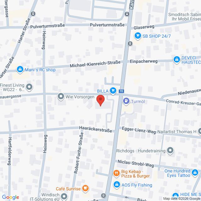 Lehrlingsportal.at Eine digitale Karte mit Straßen, Geschäften und Sehenswürdigkeiten in einer Stadt, mit einer roten Standortmarkierung in der Nähe von BILLA und mehreren beschrifteten Straßen und Geschäften.