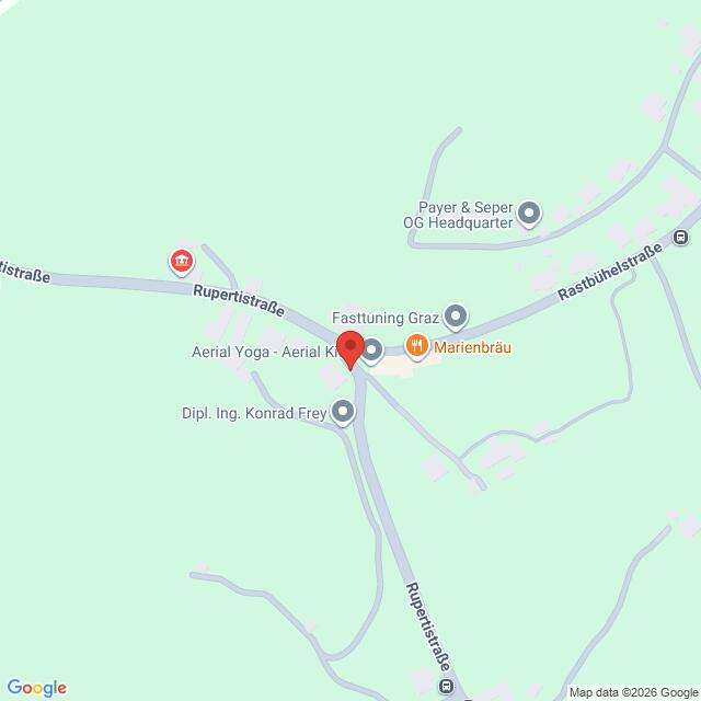 Lehrlingsportal.at Die Karte zeigt eine Straßenkreuzung mit Markierungen für Aerial Yoga, Fasttuning Graz, Marienbräu, Payer & Seper OG Headquarters und Dipl. Konrad Frey.