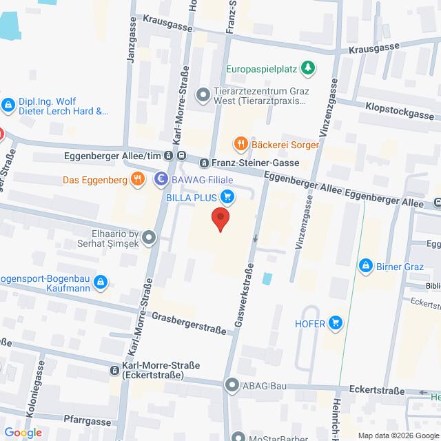 Lehrlingsportal.at Eine Karte mit Straßen und Geschäften in der Nähe von Eggenberger Allee und Stauderplatz in Graz, Österreich, mit einem roten Standortmarker in der Mitte.