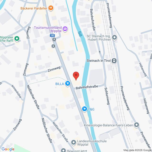 Lehrlingsportal.at Eine Karte, die das Gebiet um die Bahnhofstraße in Steinach am Brenner, Österreich, mit nahe gelegenen Unternehmen und Sehenswürdigkeiten zeigt. Eine rote Standortmarkierung befindet sich in der Mitte der Bahnhofstraße.