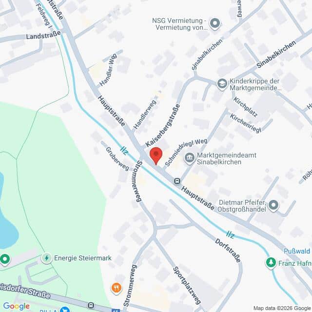 Lehrlingsportal.at Karte mit einem Ausschnitt von Sinabelkirchen, Österreich, mit eingezeichneten Straßen, Geschäften und Sehenswürdigkeiten, einschließlich Hauptstraße und Marktgemeindeamt Sinabelkirchen.