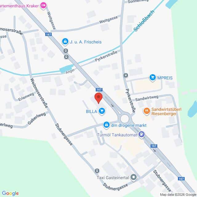 Lehrlingsportal.at Eine Karte, die den Standort von BILLA in der Nähe der Kreuzung Pyhrnstraße und Stummergasse zeigt, mit Beschriftung der umliegenden Geschäfte und Straßen.