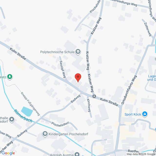 Lehrlingsportal.at Karte der Kreuzung Kratzer Weg und Kulm Straße in Pischelsdorf mit nahegelegenen Sehenswürdigkeiten wie einer Schule und einem Kindergarten.