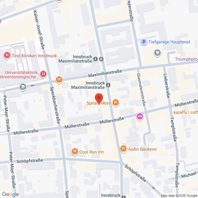 Lehrlingsportal.at Karte eines Ausschnitts von Innsbruck, Österreich, mit eingezeichneten Straßennamen, Geschäften und Sehenswürdigkeiten, einschließlich der Innsbrucker Maximilianstraße und Müllerstraße.