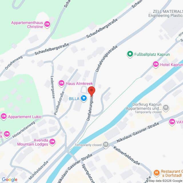 Lehrlingsportal.at Karte mit einem Ausschnitt von Kaprun, Österreich, mit Hervorhebung der Umfahrungsstraße und nahegelegenen Orten wie BILLA, Dorfkrug Kaprun und mehreren Hotels und Apartments.