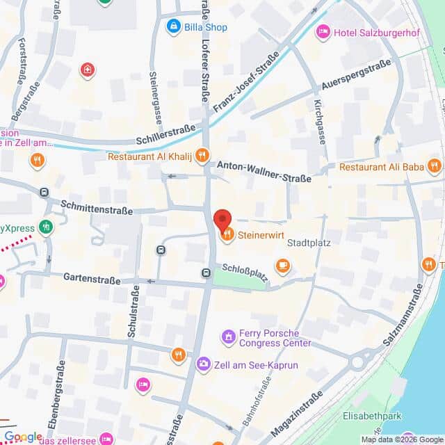 Lehrlingsportal.at Eine Kartenansicht zentriert auf Stadtplatz in Zell am See, Österreich, mit nahegelegenen Straßen, Restaurants, Hotels und Sehenswürdigkeiten.