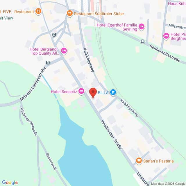 Lehrlingsportal.at Karte eines Teils von Seefeld in Tirol, Österreich, mit Hotels, Restaurants, dem BILLA-Supermarkt und den umliegenden Straßen und Grünflächen.