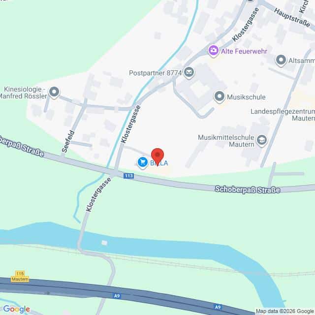 Lehrlingsportal.at Karte mit dem Standort einer BILLA-Filiale in der Klosterstraße in der Nähe der Schoberpaß Straße in Mautern, Österreich, mit Markierung von Sehenswürdigkeiten und Straßen in der Nähe.