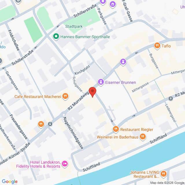 Lehrlingsportal.at Eine digitale Karte mit Straßen, Geschäften und Sehenswürdigkeiten in Villach, Österreich, mit einem roten Standortmarker auf dem R2 Murroweg.