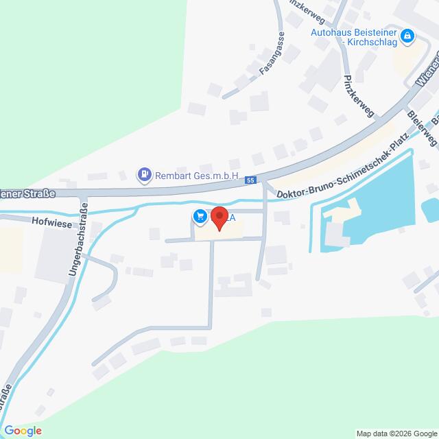 Lehrlingsportal.at Eine digitale Karte zeigt eine Stecknadel an einer Kreuzung in der Nähe von Doktor-Bruno-Schimetschek-Platz und Ungarbasteistraße in Kirchschlag, Österreich.