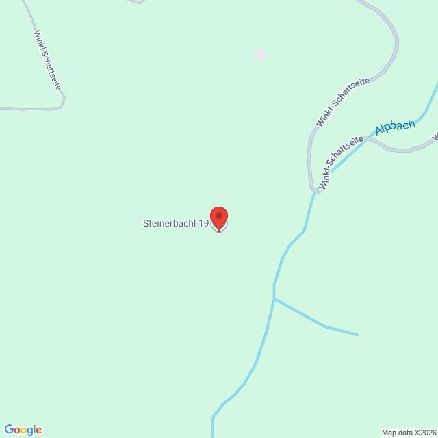 Lehrlingsportal.at Die Karte zeigt eine Stecknadel, die am Steinerbachl 19 in der Nähe von Winkl-Schattseite und dem Alpbach abgeworfen wurde, umgeben von hellgrünem Terrain.
