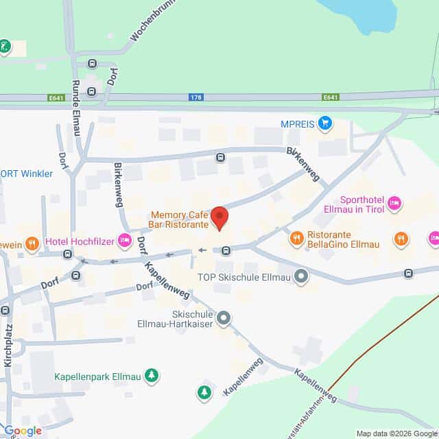 Lehrlingsportal.at Karte mit der Lage von Memory Cafe Bar Ristorante in Ellmau, Österreich, mit Beschriftung der umliegenden Straßen, Geschäfte und Sehenswürdigkeiten.