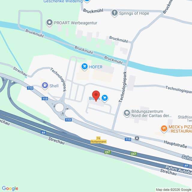 Lehrlingsportal.at Die Karte zeigt einen Ausschnitt des Technologierparks in Österreich mit Markierungen für Unternehmen wie HOFER, Shell und Billa in der Nähe der Autobahnen A9 und E57.