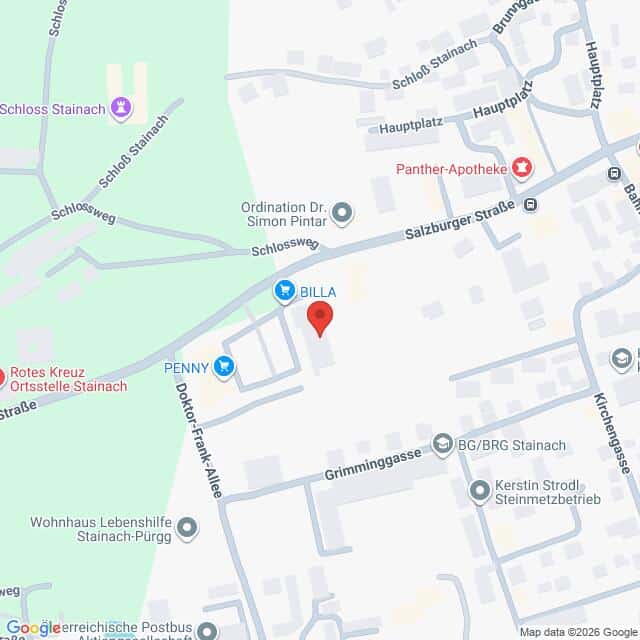 Lehrlingsportal.at Eine digitale Karte, die einen Abschnitt von Stainach, Österreich, mit Straßen, Sehenswürdigkeiten und Geschäften, einschließlich BILLA- und PENNY-Filialen, zeigt.