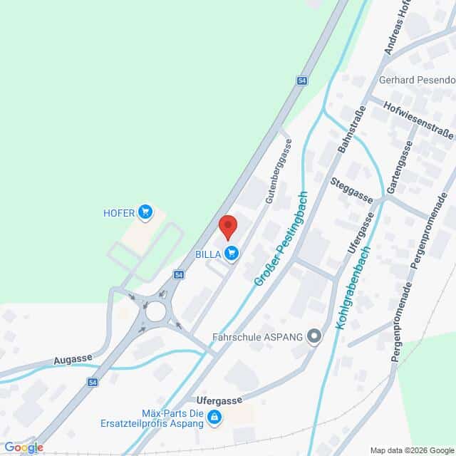 Lehrlingsportal.at Karte mit einem Ausschnitt von Aspang, Österreich, mit Hervorhebung von BILLA, HOFER, Fahrschule Aspang und nahe gelegenen Straßen wie Guterbahngasse und Ufergasse.