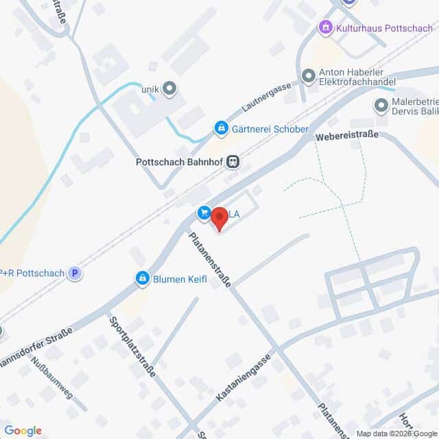 Lehrlingsportal.at Eine Karte, die die Lage von Pottschach Bahnhof und die nahegelegenen Geschäfte, Straßen und Sehenswürdigkeiten in Pottschach zeigt.