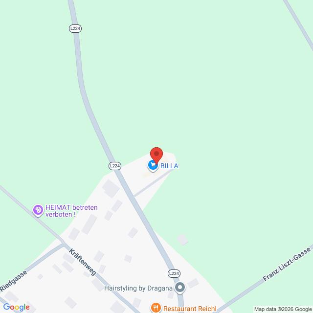 Lehrlingsportal.at Kartenansicht mit der Lage des BILLA-Supermarkts in der Nähe der Franz Liszt-Gasse und des Krafenwegs, mit Kennzeichnung der umliegenden Geschäfte und Straßen.