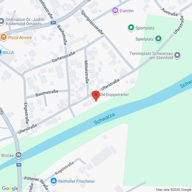 Lehrlingsportal.at Karte eines Abschnitts der Uferstraße in der Nähe des Flusses Schwarza mit Beschriftung der nahe gelegenen Straßen und Sehenswürdigkeiten, einschließlich Sportanlagen und Restaurants.