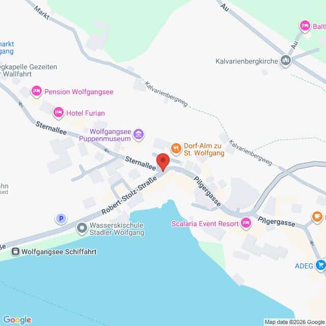 Lehrlingsportal.at Karte mit einem Ausschnitt von St. Wolfgang, Österreich, auf der Orte wie die Dorf-Alm zu St. Wolfgang, das Scalaria Event Resort und das Wolfgangsee Puppenmuseum eingezeichnet sind.