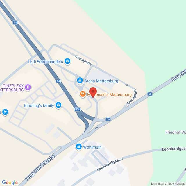 Lehrlingsportal.at Eine Karte mit der Lage von McDonald's Mattersburg, der Arena Mattersburg und verschiedenen Filialen in der Nähe, mit eingezeichneten Straßen und nahe gelegenen Sehenswürdigkeiten.