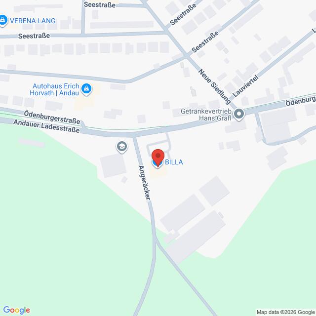 Lehrlingsportal.at Eine Karte, die den Standort einer BILLA-Filiale an der Kreuzung Ödenburgerstraße und Angäcker in Andau, Österreich, zeigt. Nahegelegene Straßen und Wahrzeichen sind eingezeichnet.