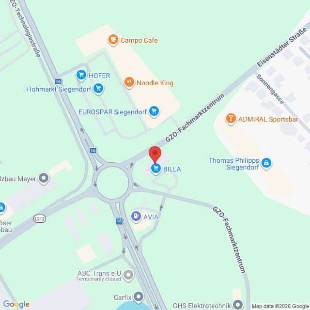 Lehrlingsportal.at Die Karte zeigt einen Kreisverkehr in Siegendorf, Österreich, mit Geschäften in der Nähe, darunter BILLA, AVIA, HOFER, Noodle King und EUROSPAR, gekennzeichnet.