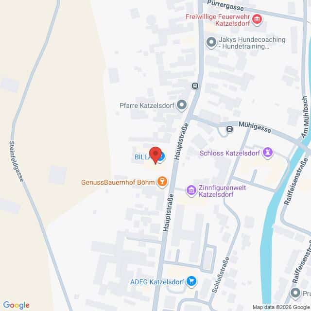 Lehrlingsportal.at Eine Karte zeigt die Lage von BILLA in der Hauptstraße in Katzelsdorf, Österreich, mit nahegelegenen Wahrzeichen und Straßen.