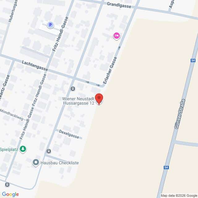 Lehrlingsportal.at Eine Karte von Wiener Neustadt mit einer Stecknadel in der Hussargasse 12. Nahe gelegene Straßen sind Firfix-Heintel-Gasse, Dexelgasse und Erlachergasse.