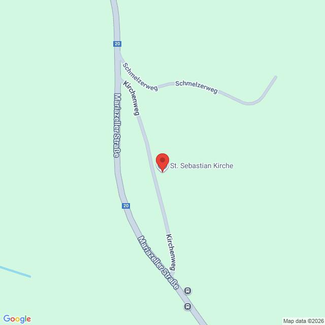 Lehrlingsportal.at Die Karte zeigt die Lage der St. Sebastian Kirche in der Nähe der Marzellser Straße und des Kirchwegs, wobei die nahegelegenen Straßen mit Schmelzerweg und Schmelzerweg gekennzeichnet sind.