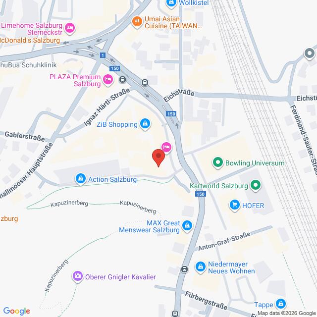 Lehrlingsportal.at Die Karte zeigt einen Ausschnitt von Salzburg, Österreich, und hebt Orte wie Action Salzburg, HOFER, MAX Great Menswear und ZiB Shopping entlang der Hauptstraßen hervor.