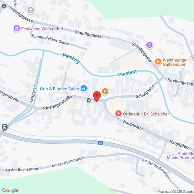 Lehrlingsportal.at Eine digitale Straßenkarte von Piesting, Österreich, mit Straßen, Geschäften, einem Fluss mit der Aufschrift "Piesting" und Standortmarkierungen für verschiedene Einrichtungen.