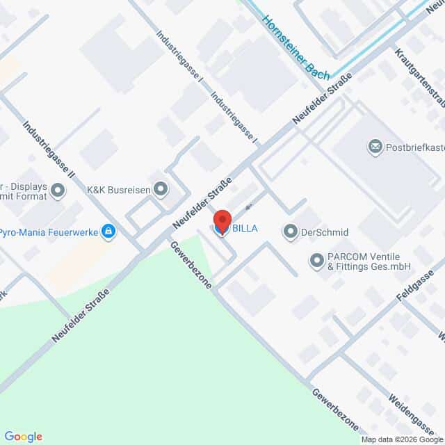 Lehrlingsportal.at Eine digitale Karte, die die Kreuzung Neufelder Straße/Industriezeile zeigt, mit eingezeichneten Geschäften und Orten in der Nähe, einschließlich BILLA und Pyro-Mania Feuerwerke.