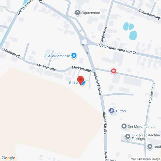 Lehrlingsportal.at Die Karte zeigt die Lage von BILLA in der Marktstraße in einer Nachbarschaft, in der nahegelegene Straßen und Geschäfte markiert sind.