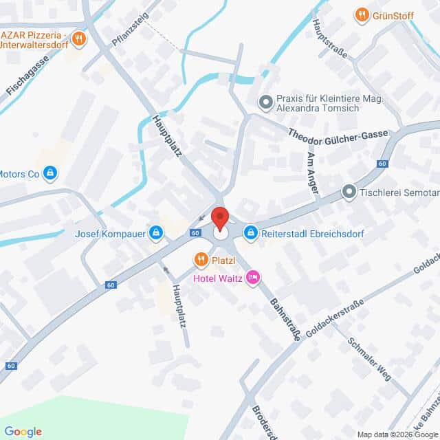 Lehrlingsportal.at Eine digitale Karte mit Straßen in Ebreichsdorf, Österreich, mit einer Stecknadel, die die Lage des Reiterstadls Ebreichsdorf in der Nähe des Hauptplatzes markiert, und mit Beschriftungen der umliegenden Geschäfte.