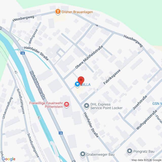 Lehrlingsportal.at Die Karte zeigt einen Ausschnitt von Pottenstein, Österreich, mit dem Zentrum Silla, mit beschrifteten Straßen und Sehenswürdigkeiten in der Nähe, darunter eine Feuerwache und ein DHL-Expressfach.