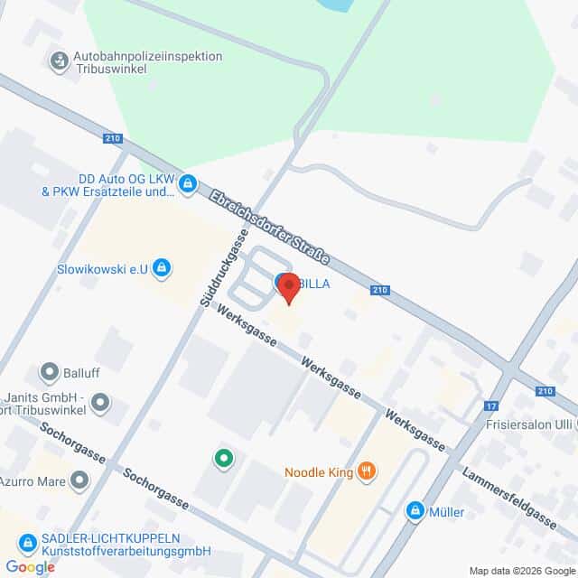 Lehrlingsportal.at Die Karte zeigt den Standort eines BILLA-Supermarktes in der Ebenthalerstraße, in der Nähe der Werkstraße und der Südtirolerstraße, mit Markierung der umliegenden Geschäfte.