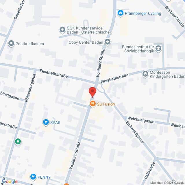 Lehrlingsportal.at Die Karte zeigt einen markierten Standort in der Vöslauer Straße nahe der Kreuzung mit der Elisabethstraße in Baden, Österreich, in der Nähe von SPAR und Su Fusion.