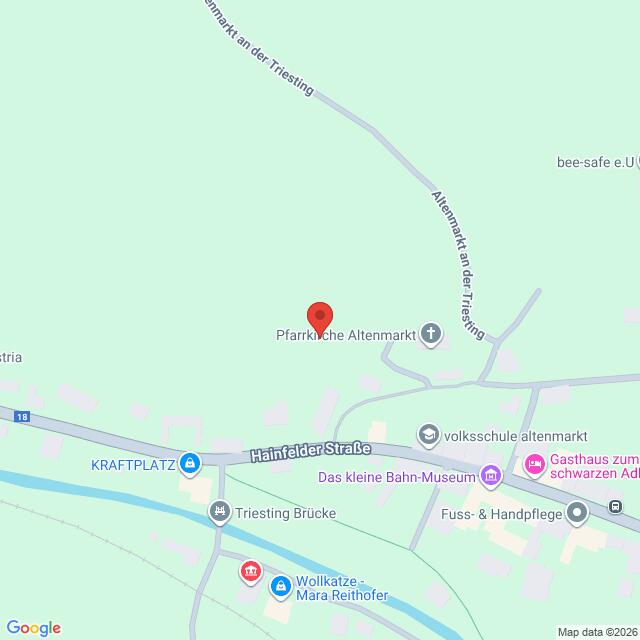 Lehrlingsportal.at Karte, die die Lage der Pfarrkirche Altenmarkt in der Nähe der Hainfelder Straße zeigt, mit Beschriftung der umliegenden Sehenswürdigkeiten und Straßen.